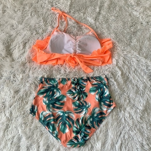 Nwot Peach Palm Tree High Waist Halter Ruffle Bikini - Picture 7 of 13